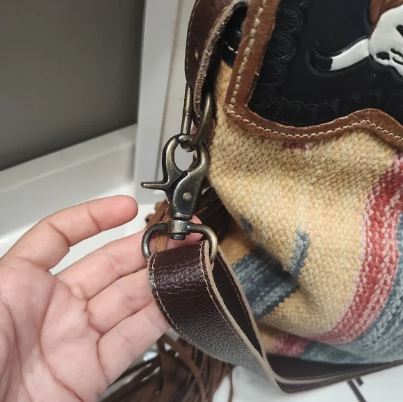 GUC Myra Bag Blue Stream Hand Tooled Fringe Crossbody Hand Carry Bag, Gorgeous - Picture 16 of 16